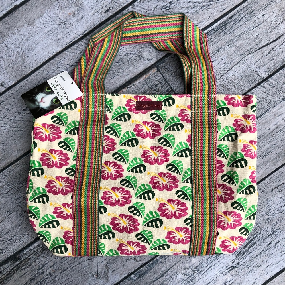 Bungalow 360 Cotton Canvas Beach Bag Tote Floral Hibiscus NWT